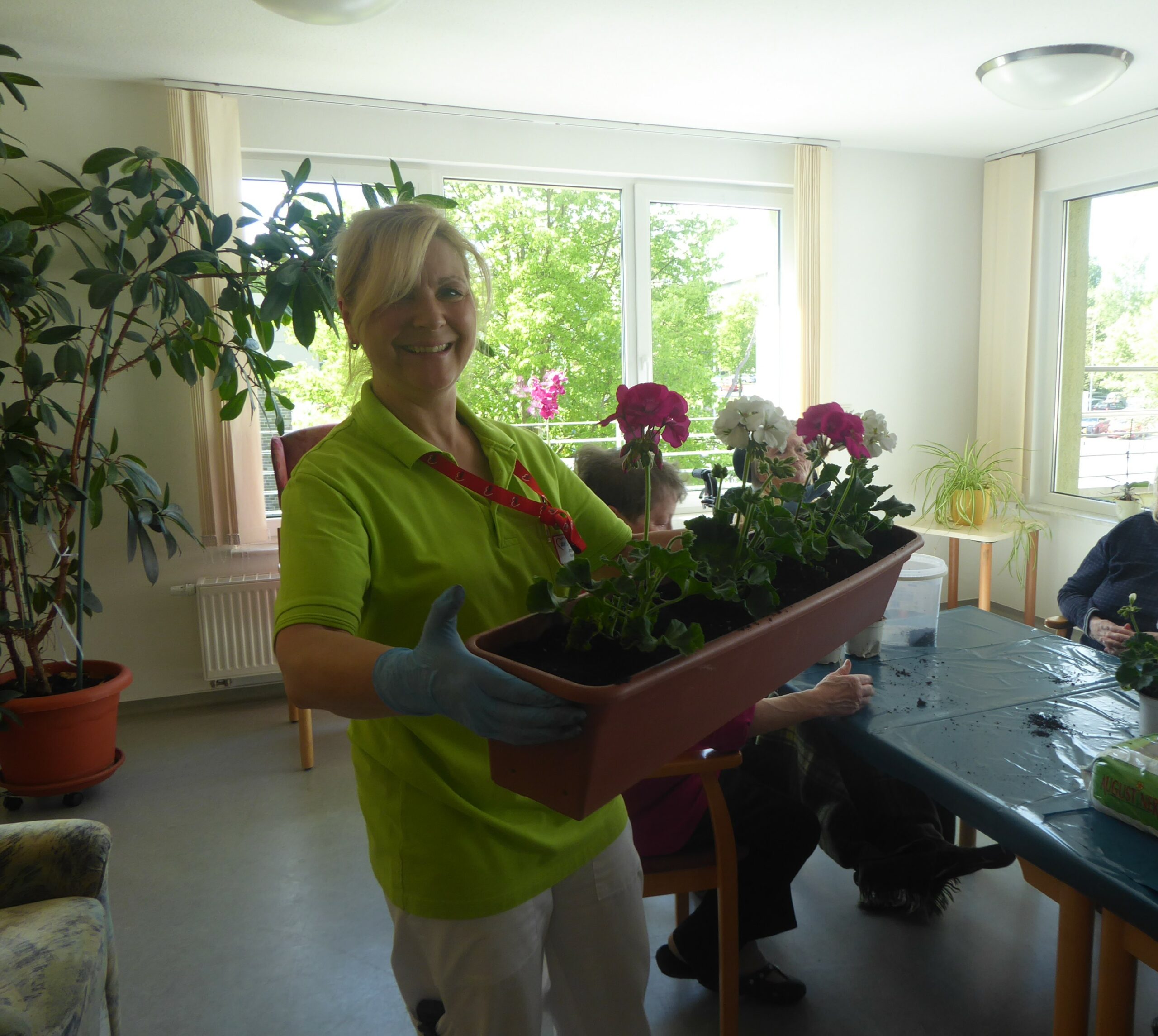 Pflegerin mit fertig bepflanzten Blumenkasten